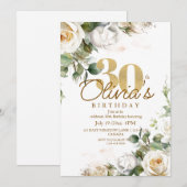  White Roses & Gold Dusty Floral 30th Birthday Kaart (Voorkant / Achterkant)