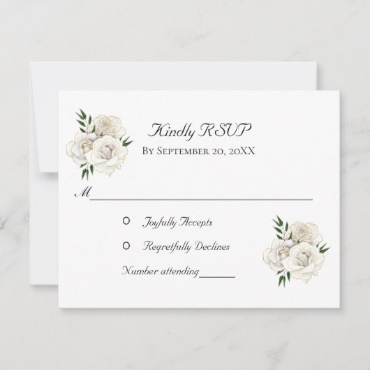 White Roses Gold Formal Elegant Stylish Wedding RSVP Kaartje (Voorkant)
