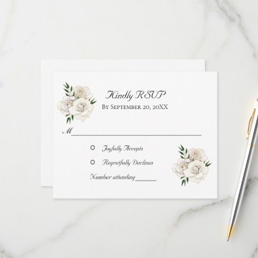White Roses Gold Formal Elegant Stylish Wedding RSVP Kaartje (Voorkant / Achterkant in situ)