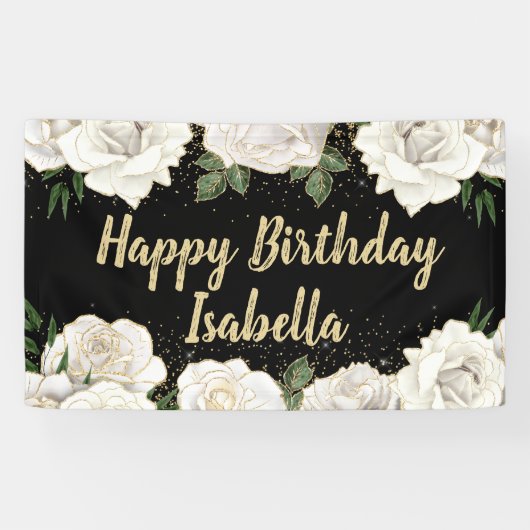 White Roses Gold Glitter Happy Birthday Name Black Spandoek (Horizontaal)