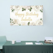 White Roses Gold Glitter Happy Birthday Name Spandoek (Beurs)