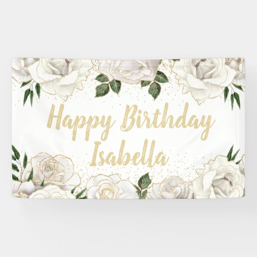 White Roses Gold Glitter Happy Birthday Name Spandoek (Horizontaal)