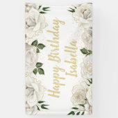White Roses Gold Glitter Happy Birthday Name Spandoek (Verticaal)