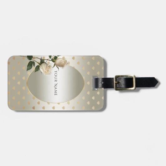 White Roses Gold Hearts Bagagelabel (Voorkant horizontaal)