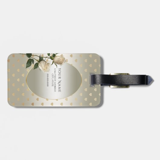 White Roses Gold Hearts Bagagelabel (Achterkant horizontaal)