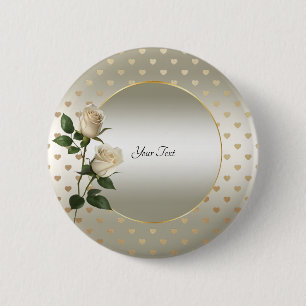 White Roses Gold Hearts Button