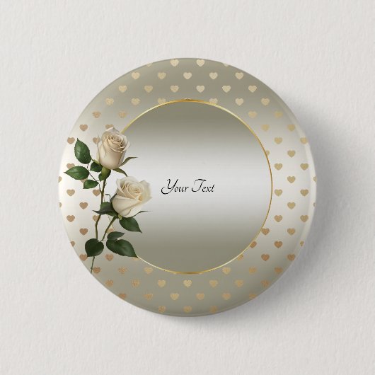 White Roses Gold Hearts Button (Voorkant)