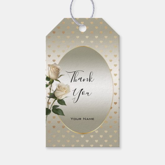 White Roses Gold Hearts Gift Label Cadeaulabel (Voorkant)