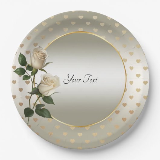 White Roses Gold Hearts Papier Bord (Voorkant)