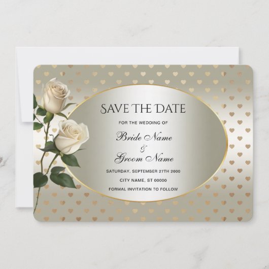 White Roses Gold Hearts redden de datum Kaart (Voorkant)