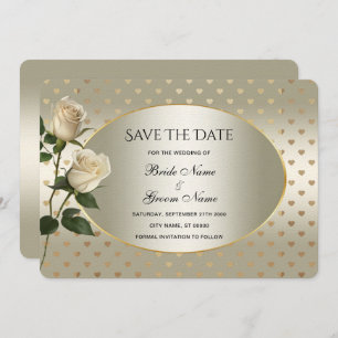 White Roses Gold Hearts redden de datum Kaart