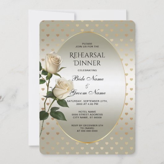 White Roses Gold Hearts repetitie diner Kaart (Voorkant)