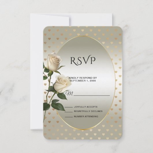 White Roses Gold Hearts RSVP-kaart RSVP Kaartje (Voorkant)