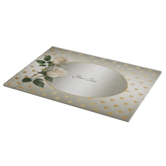 White Roses Gold Hearts snijplank (Hoek)