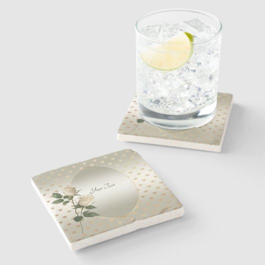 White Roses Gold Hearts Stone Onderzetter (Zijkant)