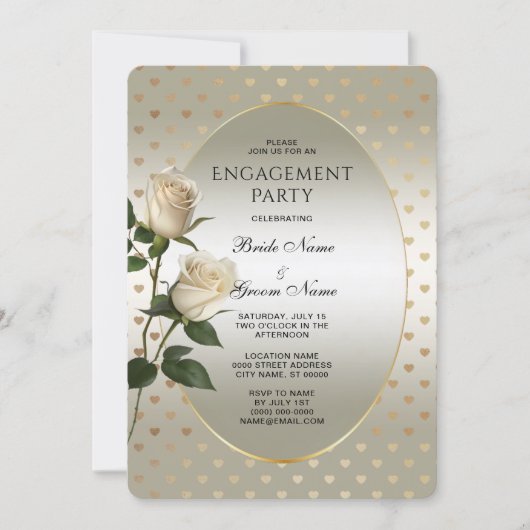 White Roses Gold Hearts Verloving Uitnodiging (Voorkant)