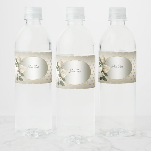 White Roses Gold Hearts Water Bottle Label Waterfles Etiket (Flessen)