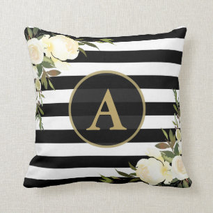 WHITE ROSES Gold Monogram Black White Striped Kussen