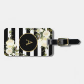 WHITE ROSES Gold Monogram Zwart Wit Gestreept Bagagelabel (Voorkant horizontaal)