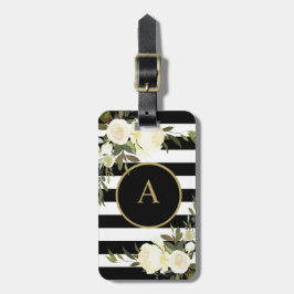 WHITE ROSES Gold Monogram Zwart Wit Gestreept Bagagelabel