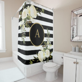 WHITE ROSES Gold Monogram Zwart Wit Gestreept Douchegordijn