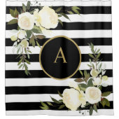 WHITE ROSES Gold Monogram Zwart Wit Gestreept Douchegordijn (Voorkant)
