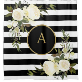 WHITE ROSES Gold Monogram Zwart Wit Gestreept Douchegordijn