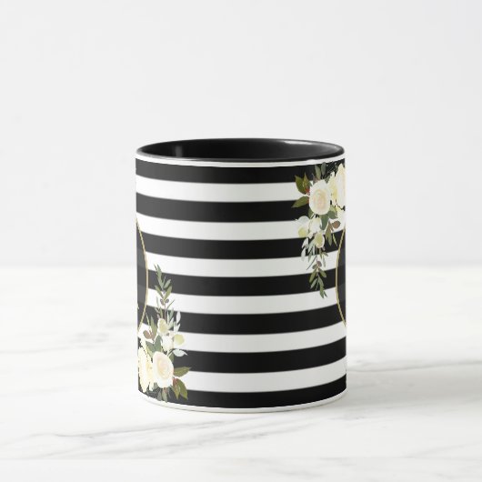 WHITE ROSES Gold Monogram Zwart Wit Gestreept Mok (Midden)