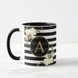 WHITE ROSES Gold Monogram Zwart Wit Gestreept Mok