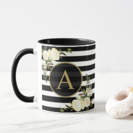 WHITE ROSES Gold Monogram Zwart Wit Gestreept Mok