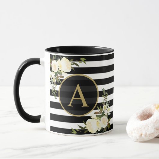 WHITE ROSES Gold Monogram Zwart Wit Gestreept Mok (Met donut)