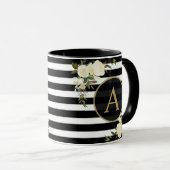 WHITE ROSES Gold Monogram Zwart Wit Gestreept Mok (Voorkant rechts)