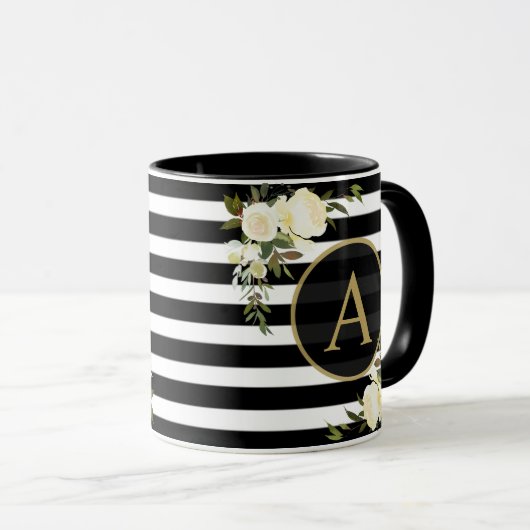 WHITE ROSES Gold Monogram Zwart Wit Gestreept Mok (Voorkant rechts)