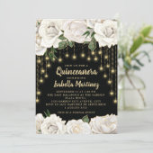 White Roses Gold String Light Quinceañera Kaart (Staand voorkant)