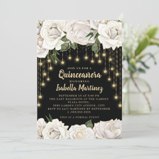 White Roses Gold String Light Quinceañera Kaart (Staand voorkant)
