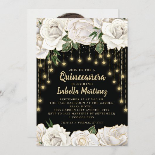 White Roses Gold String Light Quinceañera Kaart (Voorkant / Achterkant)