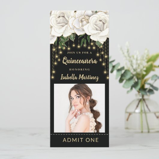 White Roses Gold String Light Quinceañera Ticket Kaart (Staand voorkant)
