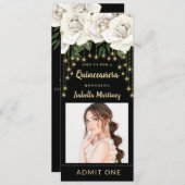 White Roses Gold String Light Quinceañera Ticket Kaart (Voorkant / Achterkant)