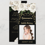 White Roses Gold String Light Quinceañera Ticket Kaart (Voorkant / Achterkant)