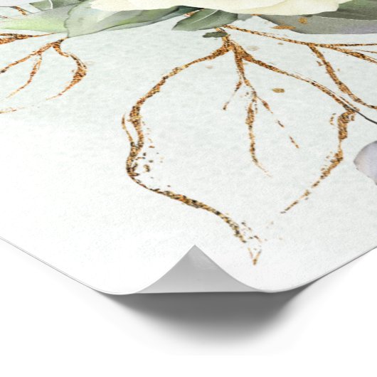 White Roses Green Eucalyptus Gold Geometric Poster (Hoek)