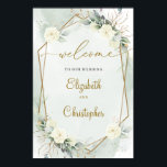 White Roses Green Eucalyptus Gold Geometric Poster<br><div class="desc">White Roses Green Eucalyptus Gold Geometric Wedding Welcome Isle Sign,  Contact met me opnemen voor overeenkomende objecten of aanpassingen,  Blush Rozen ©</div>