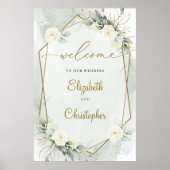 White Roses Green Eucalyptus Gold Geometric Poster (Voorkant)