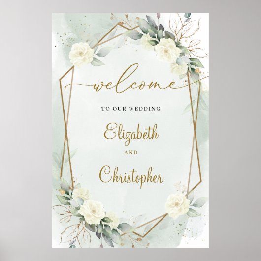 White Roses Green Eucalyptus Gold Geometric Poster (Voorkant)