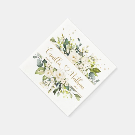 White Roses Green Foliage Wedding Napkins Servet (Hoek)