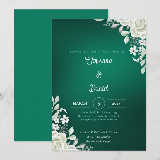 White Roses Green Wedding Invitations Kaart (Voorkant / Achterkant)