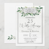 White Roses Greenery 25th Wedding Jubileum Kaart (Voorkant / Achterkant)