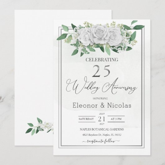 White Roses Greenery 25th Wedding Jubileum Kaart (Voorkant / Achterkant)