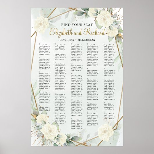White Roses Greenery Alfabetical Seating Chart Poster (Voorkant)