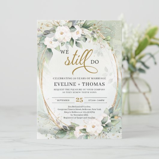 White roses greenery eucalyptus gold we nog steeds kaart (Staand voorkant)