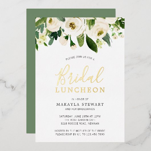 White Roses Greenery Floral Bridal Luncheon Gold Folie Uitnodiging (Voorkant / Achterkant)